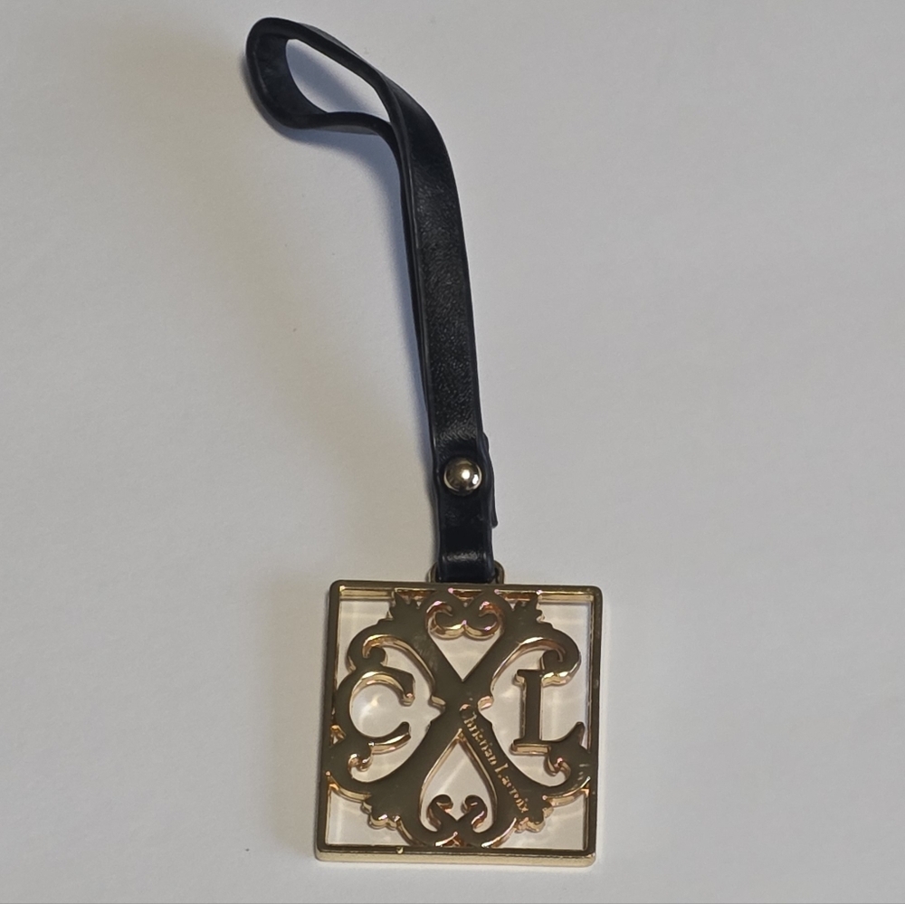 CHRISTIAN LACROIX BLACK LEATHER GOLDTONE SQUARE CXL LOGO BAG CHARM